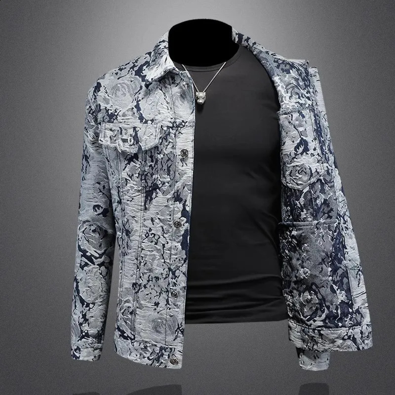 High Quality Spring Autumn Mens Denim Jacket Casual Long Sleeve Single Breasted Ripped Lapel Trendy Jacquard Plus Size 251017