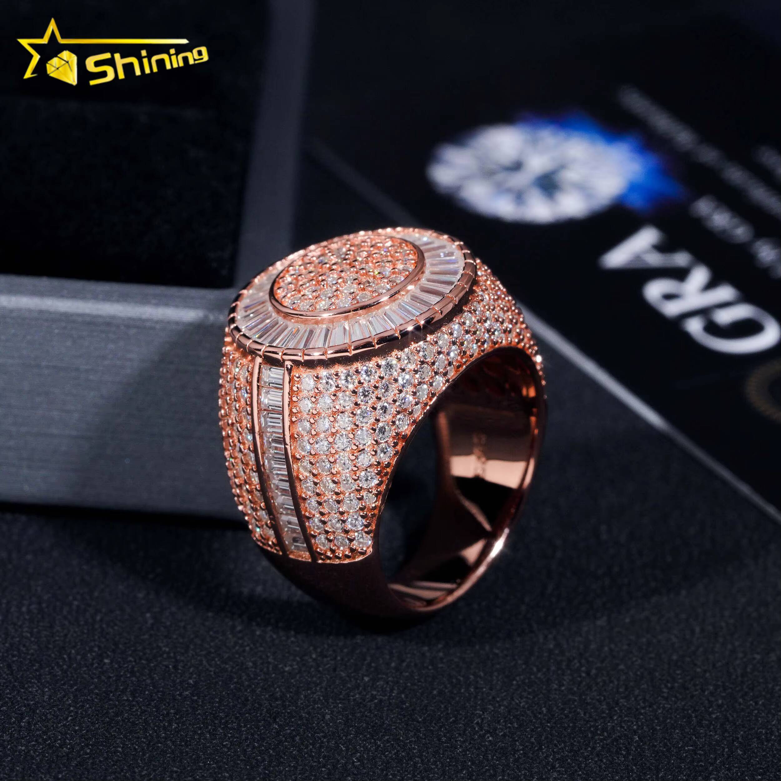 Ready to Ship New Arrival Iced Out Baguette Moissanite Diamond 925 Silver Gold Plated Hip Hop Rings for Men