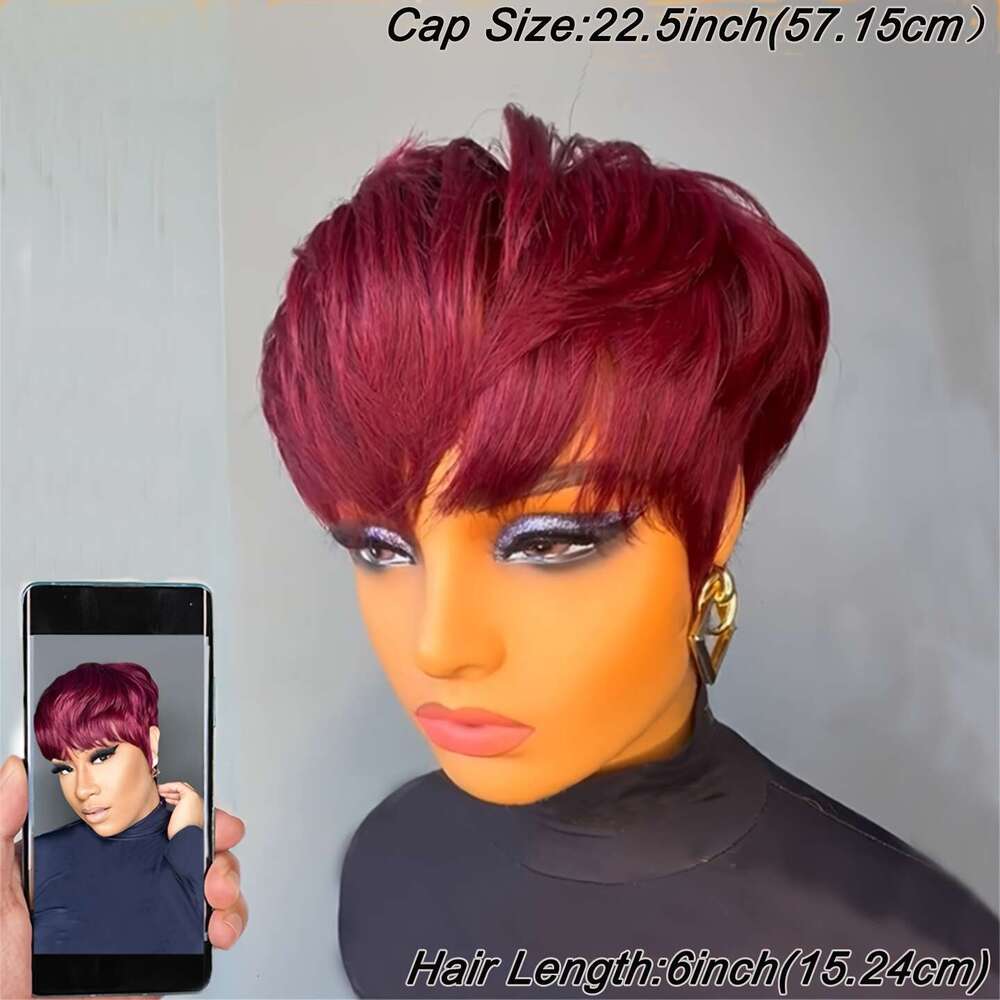 Women's 6-Inch Straight Human Hair Wig With Layered Bangs - Bright Ruby Red Pixie Cut, Density Rose Net Cap, Natural Look For Cosplay & Everyday 