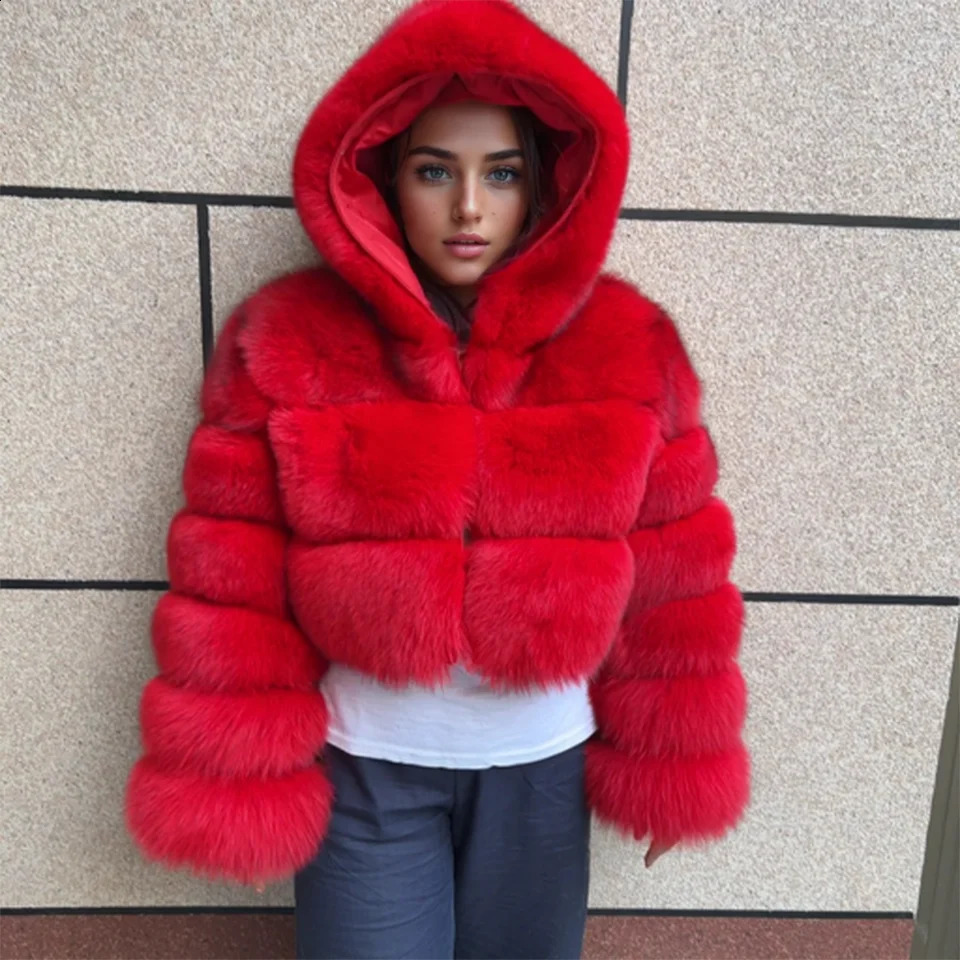 Natural fox fur hooded jacket high street women winter fur jacket real fox fur natural raccoon fur 3 rows hooded fur coat 251027
