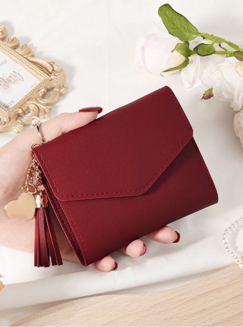 Wallets Women's Burgundy Envelope Clutch Wallet with Tassel & Heart Charm - Mini Trifold Leather Purse, Elegant Design for Daily & Dating Use
