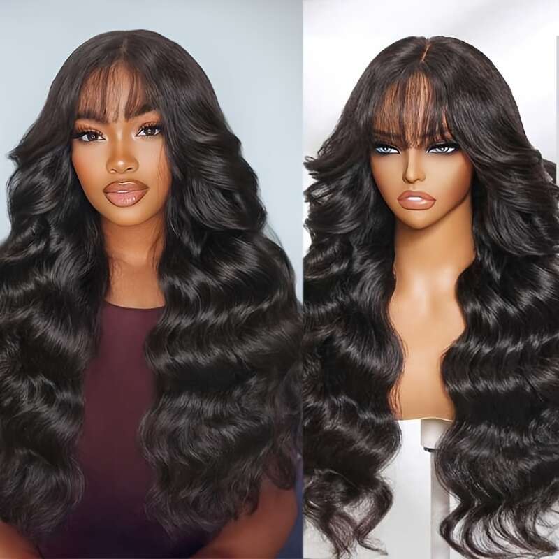 Glueless Shor Bob Wig Wih Bangs, Body Wave Human Brazilian Unprocessed Virgin Hair, Naural Color Non-Lace Fron -New Year, Birhday &Valenine&Apos;S Day