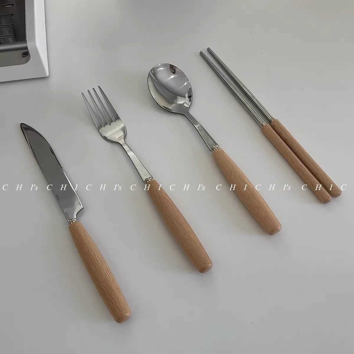 234pcBoxpacked Flatware Sets Stainless Steel Imitation Wood Handle Knife Fork Spoon Mirror Cutlery Chopsticks Kitchen Dinner Y251025