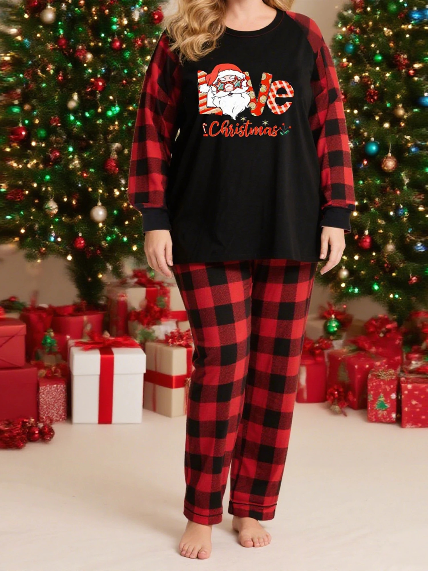 Women s Christmas Pajama Set Festive Long Sleeve Top with Reindeer Print and Matching Plaid Pants for Cozy Sleepwear 251020