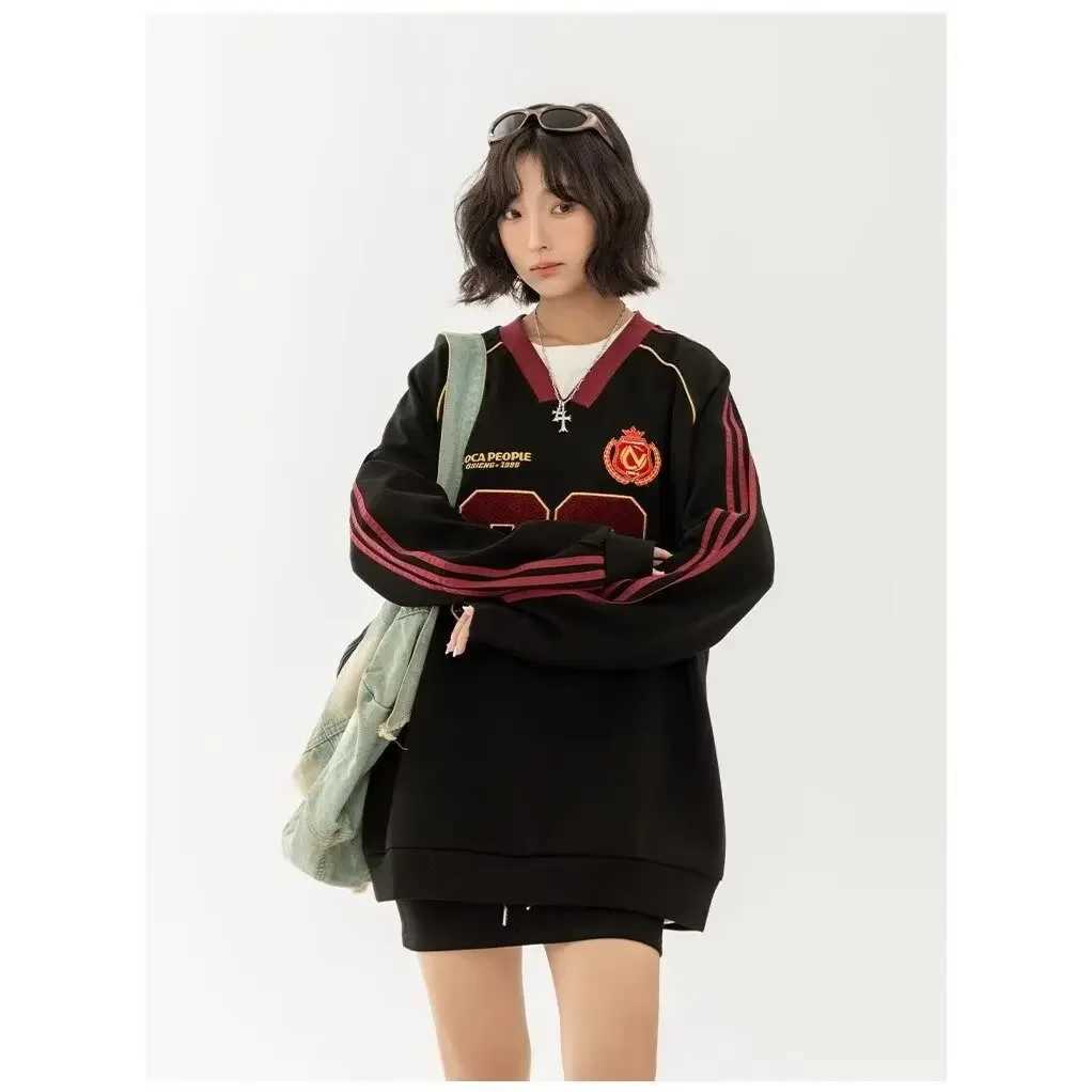 Loose Long Sleeve VNeck Hoodie Unisex Spring Autumn New Style American Hip Hop Embroidery Sweatshirt Couple Matching Top J251028