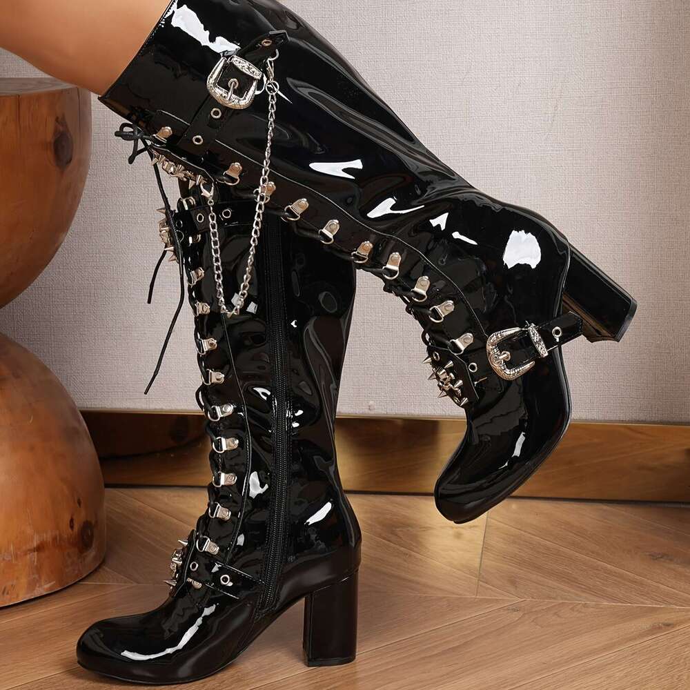 2025 Winter New Thick-Heeled Knight Women's European And American Popular Round Toe Skull Head Lace-Up Long Boots High Heels