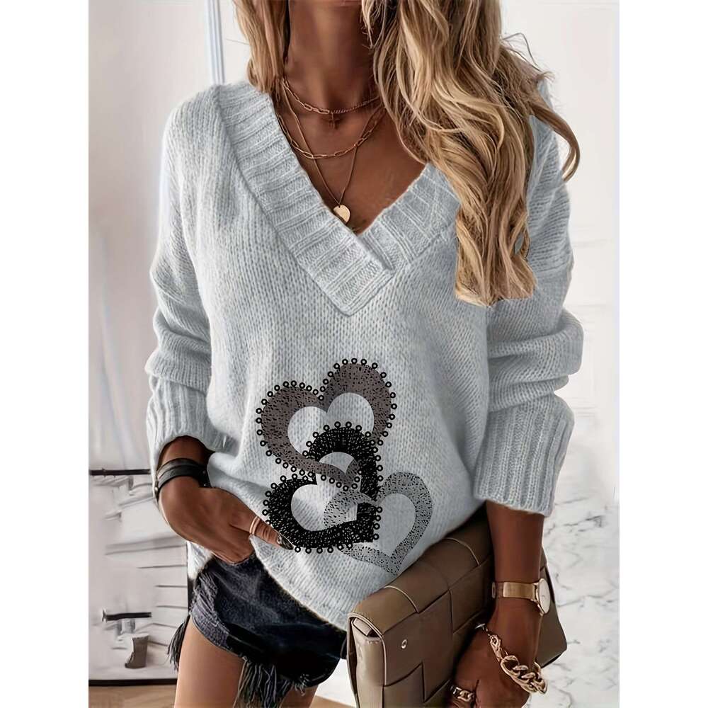 Women's V-Neck Print Sweater - Cozy Pullover With Contrast Trim, Medium Stretch & Relaxed Fit For Fall Winter Casual Wear, Cute Sweater, Playful 