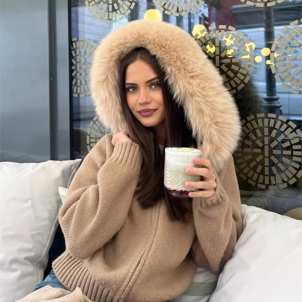 OFTBUY Real Fox Fur Kintwear Women 2025 Spring Autumn Hooded Sweater Female Loose Zipper Kintted Jacket Oversized Cardigan 251027