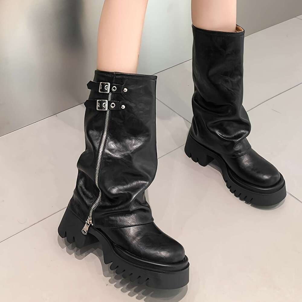 Women's Round Toe Mid Knee High Platform Slouch Fold Over Tall Riding Low Heel Wide Calf Boots