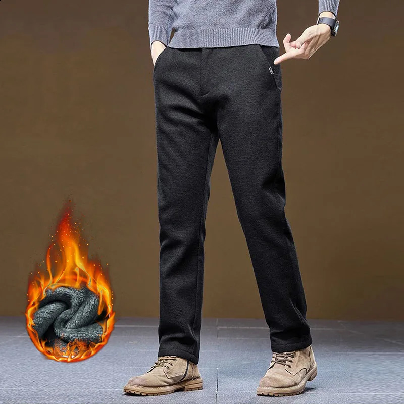 Winter Fleece Thick Casual Pants Mens Business Slim Fit Versatile Classic Trousers Medium Elasticity Formal Wear Wash 251027