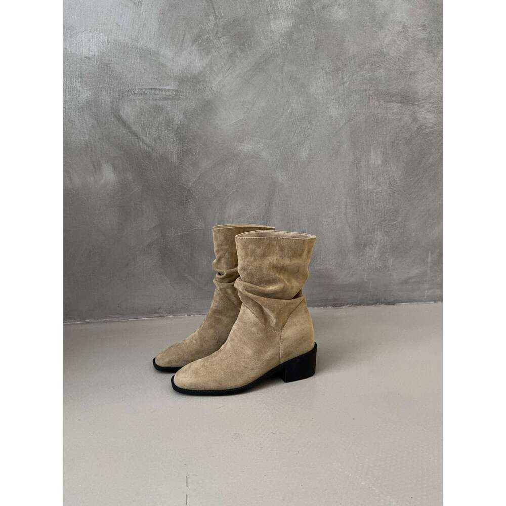 2025 Autumn Winter New Korean Style Boots - Women's Designer Frosted Leather Chunky Mid-Heel, Comfortable Slouchy Short Fashion Boots