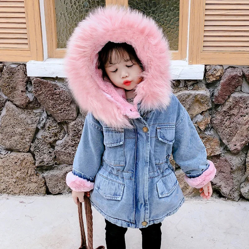 Childrens Denim Jacket Winter Plush and Thick Warm Jacket Baby Hooded Large Fur Collar Denim Casual Korean Cotton Jacket 251027