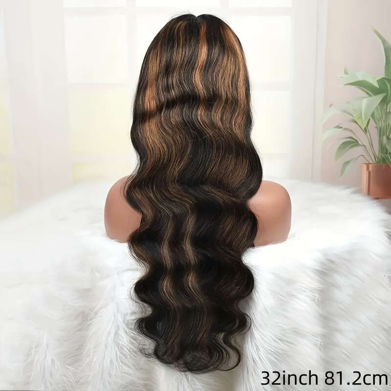 5X5 Glueless Lace Front With Brown Highlights - Pre-Plucked Loose Body Wave Human Hair Long Black Hairpiece For Women, Ready To Wear Natural Look, Wig