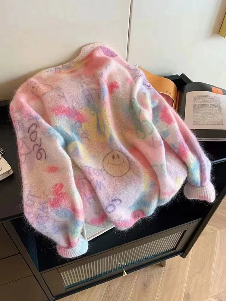 Fashion Lazy Autumn Letters Printed Soft Loose Sweater Tops Casual Women O Neck Knitted Mohair Diamonds Knitwear Pullovers 251027