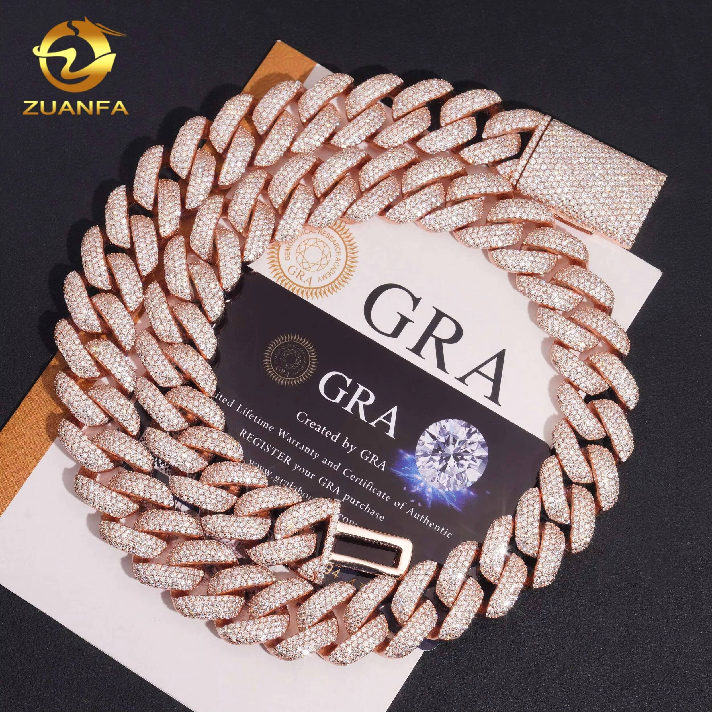 Zuanfa Rose Gold Plated Heavy 18mm Moissanite Cuban Chain Iced Out Necklace 925 Solid Silver Cuban Link Chain