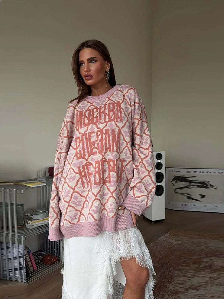 Letter Print Oversize Knit Sweater Geometric Pattern Long Sleeve 2025 Autumn Causal Women Pullover Chic Retro Preppy Lady Top 251027