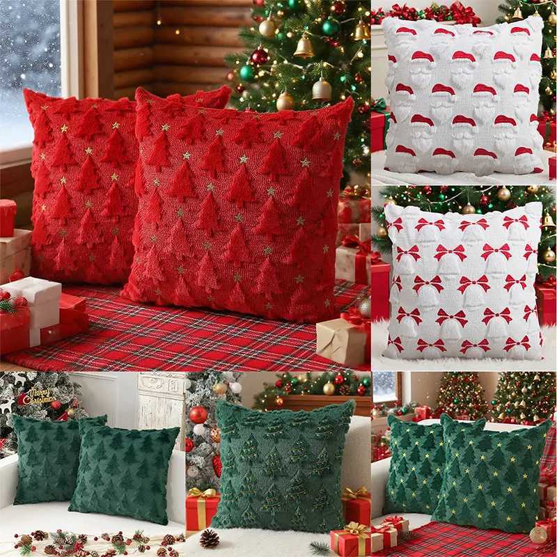 Pillow Case Christmas Cover 3D Plush Embroidery DoubleSided Tree Heart Design for Xmas Valentine Decor Holiday Cushion Case 45x45cm C251028