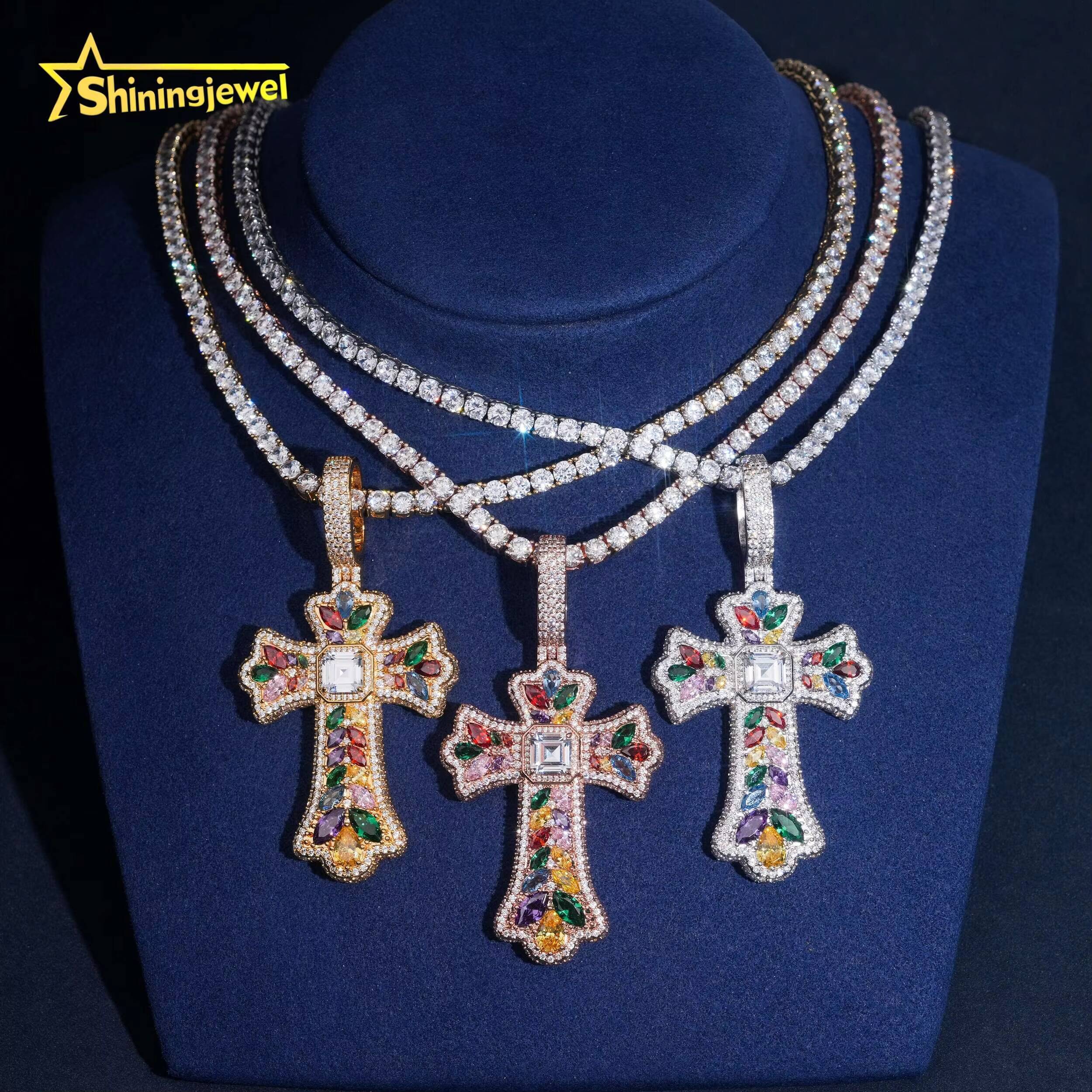 Luxury Colorful Multi Cutting Fashion Hip Hop Rapper Men Jewelry Pendant Brass 5A Moissanite Iced Out Moissanite Diamond Cross Pendant