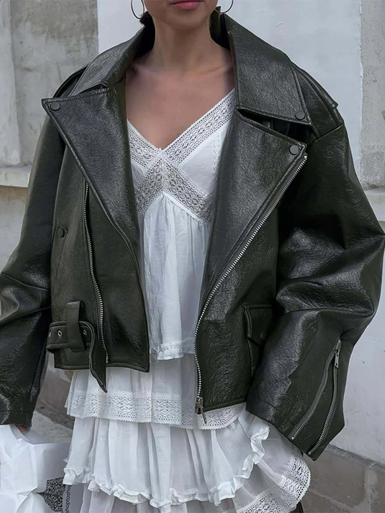 Olive Green Leather Jacket Coat Silhouette Vintage High Street Trend Zipper Lapel Short Overcoat Loose Casual Top Outwear Autumn 251020