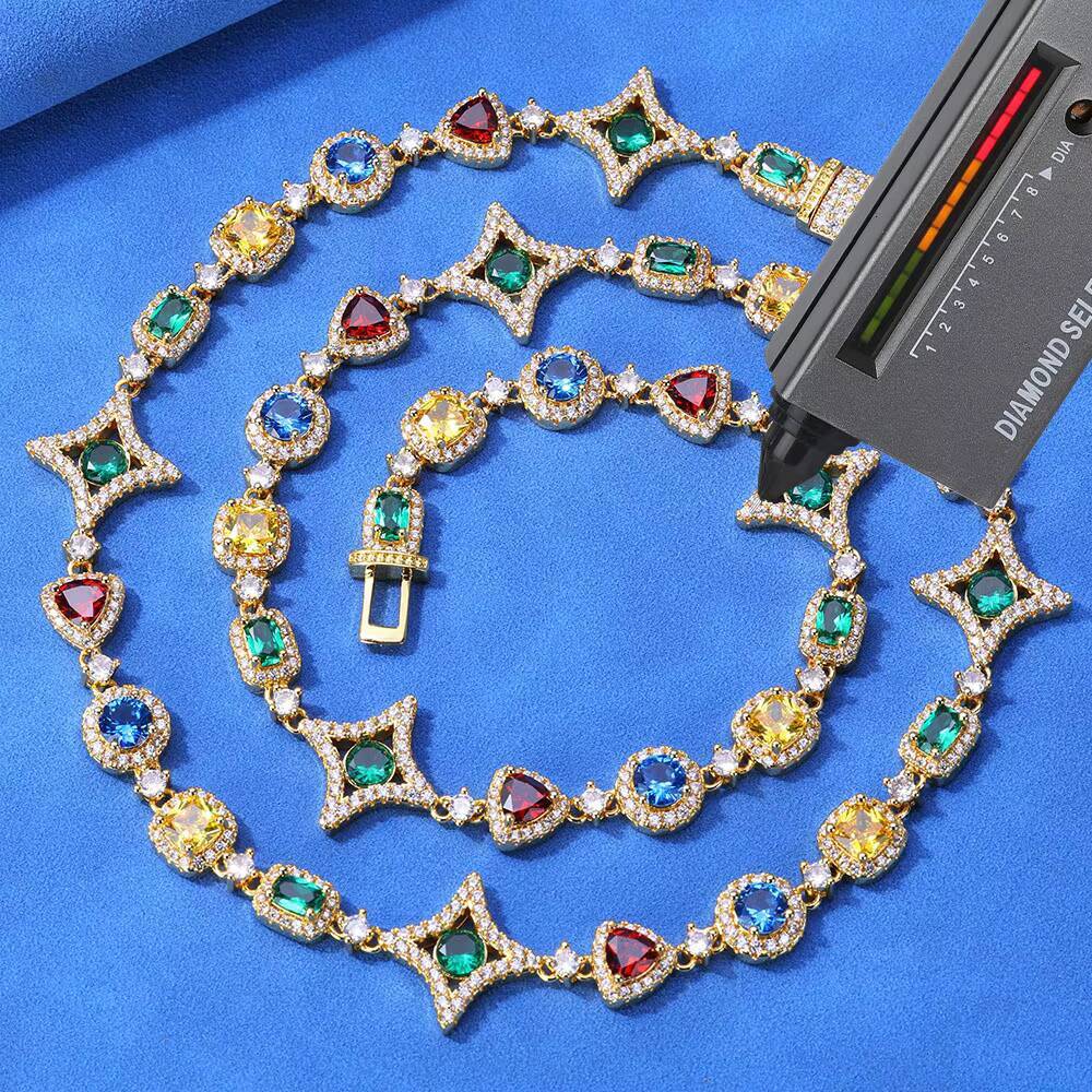 New Arrival Colorful Moissanite Chain for Women 925 Silver VVS Moissanite Geometry Motif Link Necklace Hip Hop Jewelry