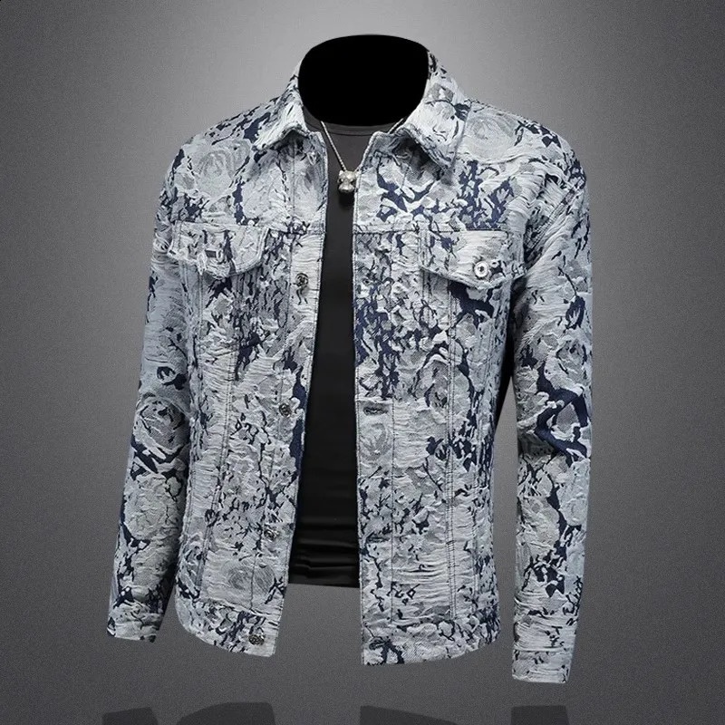 High Quality Spring Autumn Mens Denim Jacket Casual Long Sleeve Single Breasted Ripped Lapel Trendy Jacquard Plus Size 251017