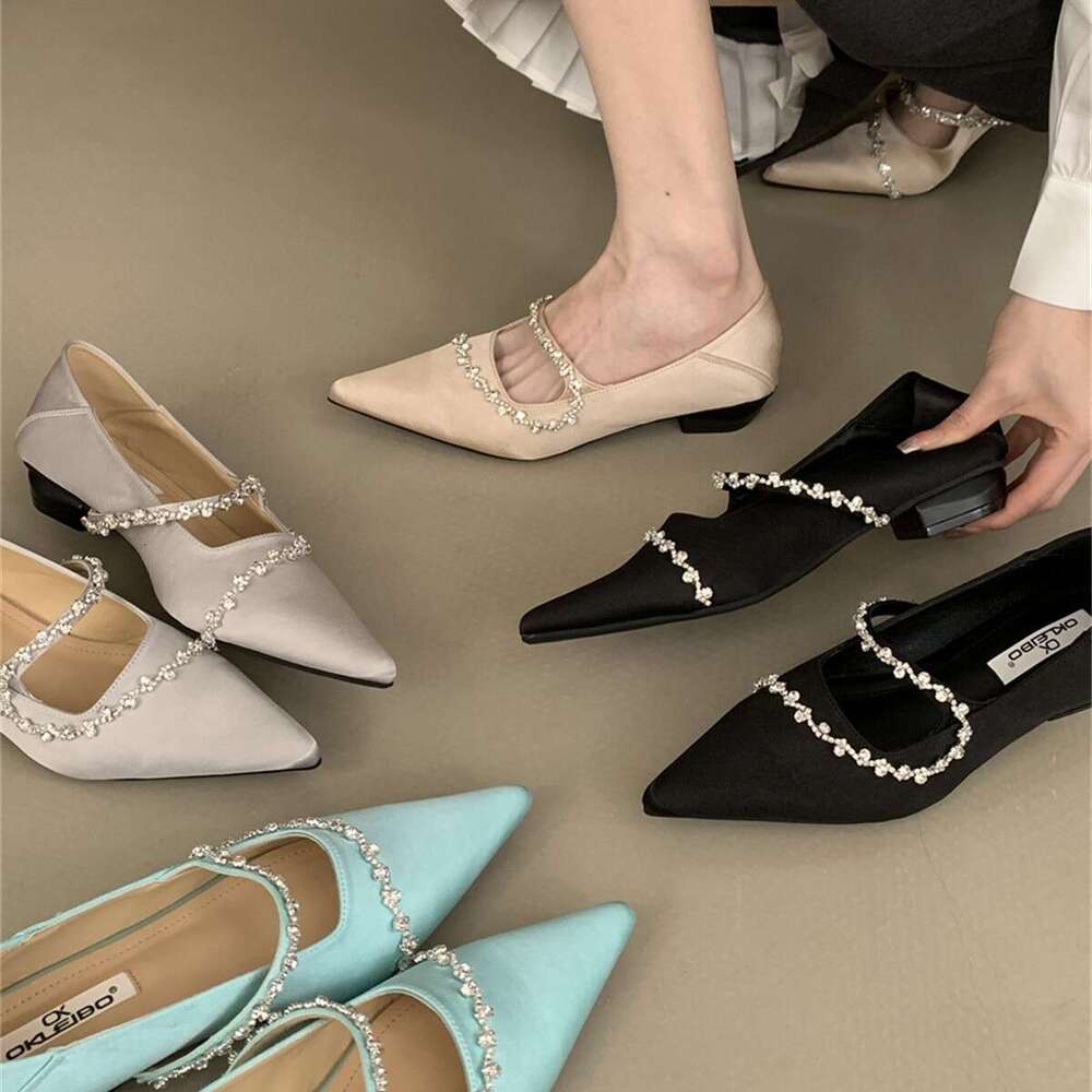 2025 Autumn Luxury Designer Women's Shoes Curved Rhinestone Elegant Style, Pointed Toe Full Coverage, Square Heel & Soft Sole