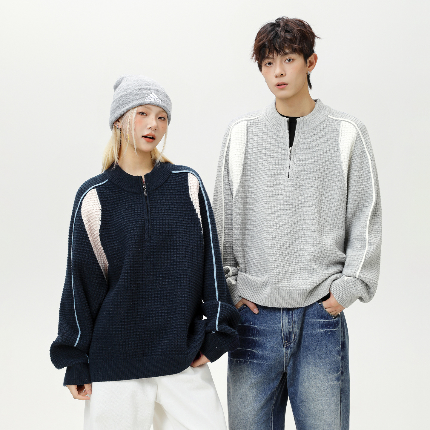 Textured Half-zip Sweater Luxury Bag For Couples Autumn And Winter Color-block Patchwork Designer Sweater Mesh Warm Knitted Cardigan