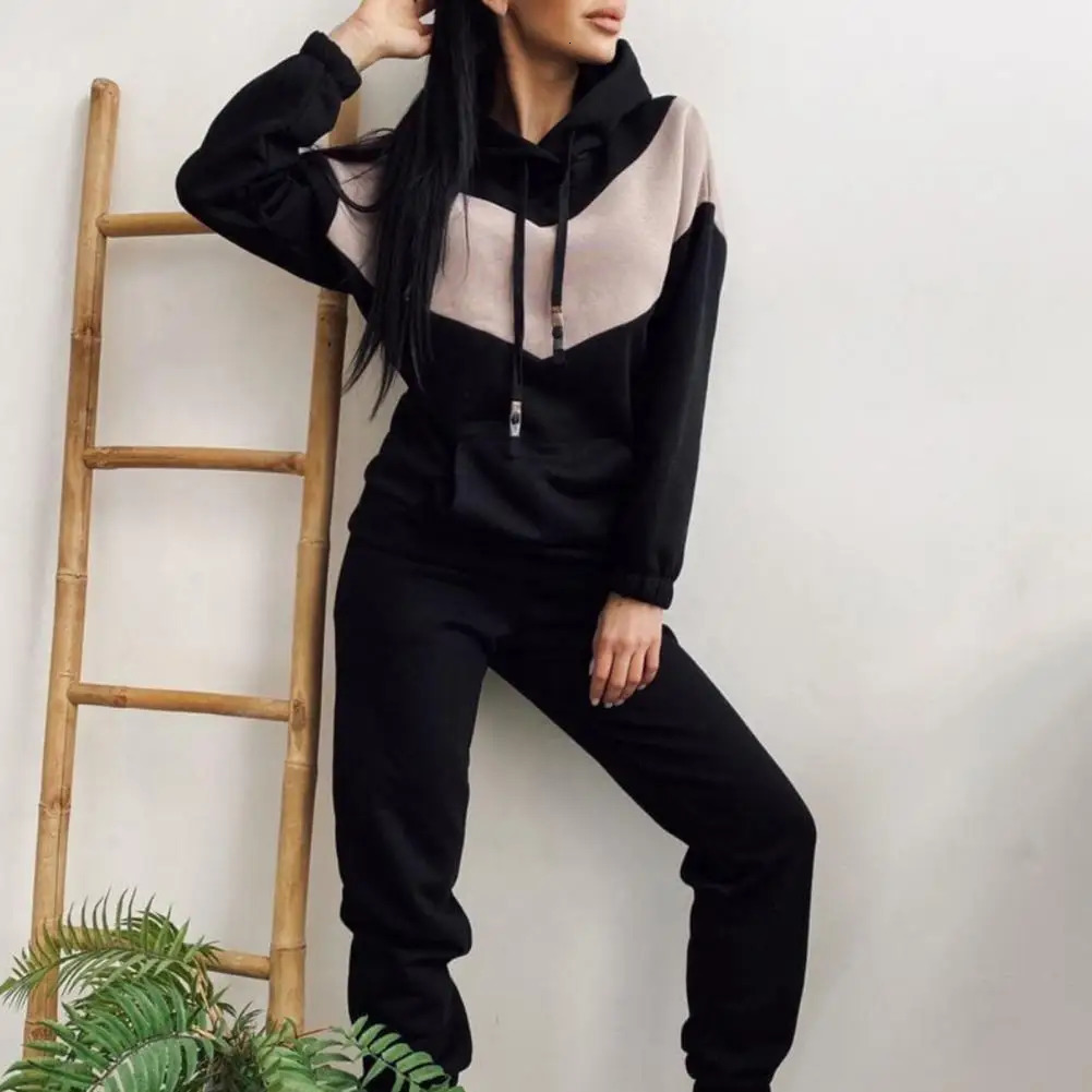 1 Set Stylish Tracksuit Contrast Color Hooded Drawstring Sweatshirt Pockets Pants Set for Running Sport Outfit Sports Suit 251027