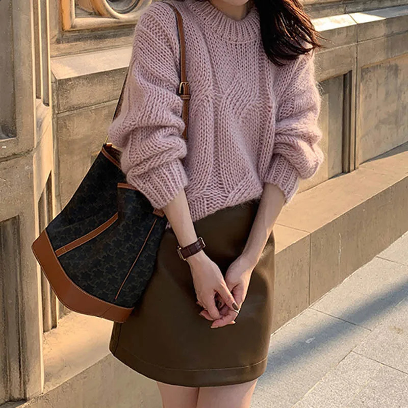 Coarse Yarn Knitted Sweater for Women Autumn Winter Lazy Style Stretch Twist Pullovers Vintage Solid Color ONeck Jumpers Mujer 251027