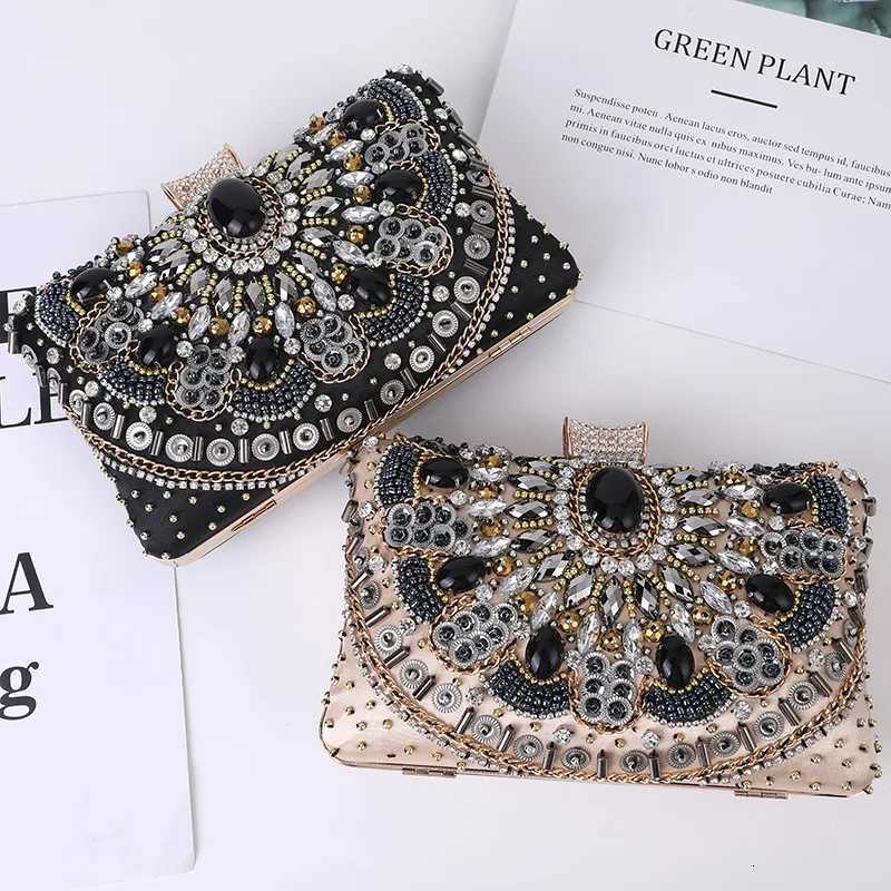 Fashion Handmade Black Beaded Rhinestone Evening Bags Metal Chain Shoulder Bag Embroidery Diamond Clutch Bags for Wedding Party H251027