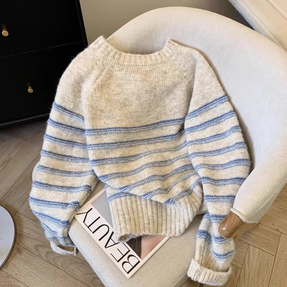 Knitted Button Pullover Oneck Womens Sweater Retro Stripe Jumper 2025 Fashion Casual Winter Knitwear 251027