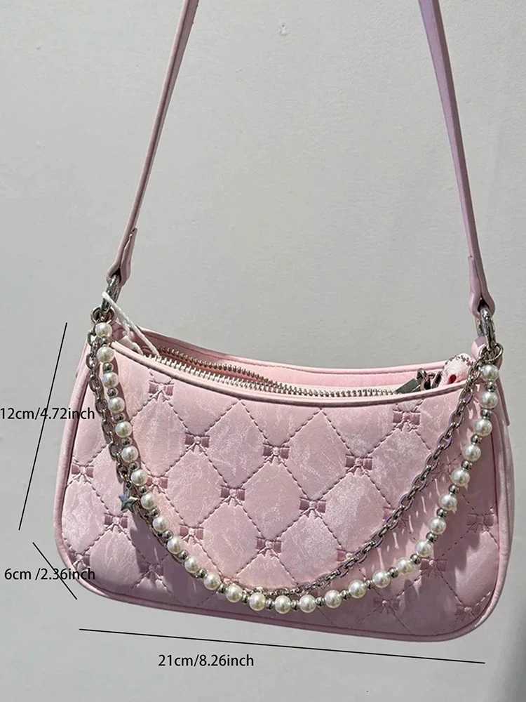 2025 new pink sweet and cute artificial pearl chain crossbody bag shoulder bag womens bag daily commuting bag small square bagT251028
