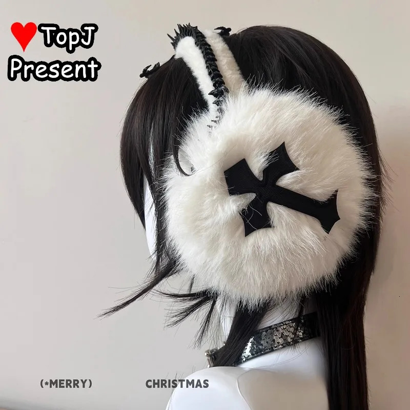 Punk Dark Women Y2K girl Harajuku Gothic Lolita cosplay skeleton cross ear warmer Furry Colored headband Earmuff Earmuffs 251024