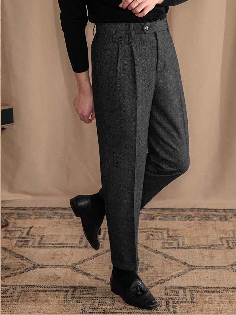 Italian Vintage Suit Pant For Men Autumn Winter Wool Herringbone Pattern Straight Trousers British Style Business Casual Pants 251027