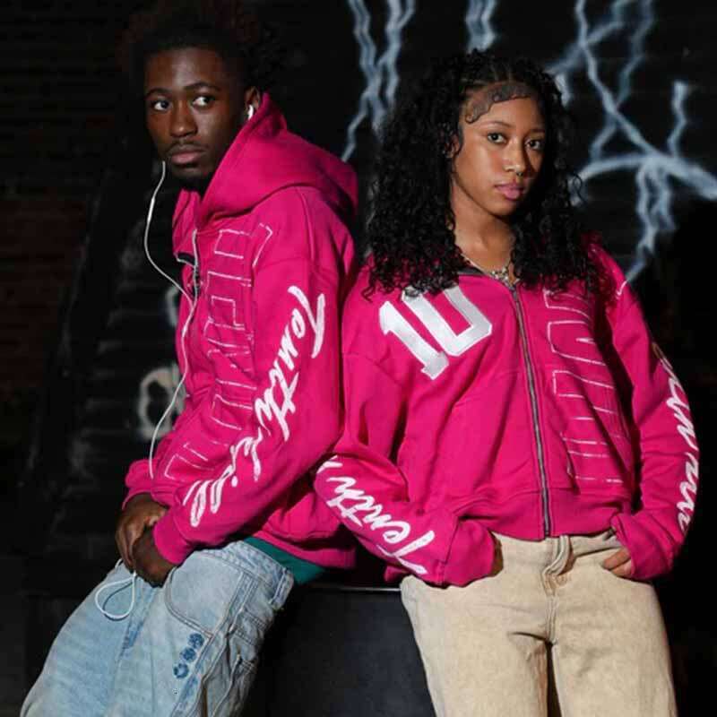 Street Hip-Hop Trendy Personalized Letter Print Hooded Cardigan Zipper Sweatshirt Loose Unisex Jacket