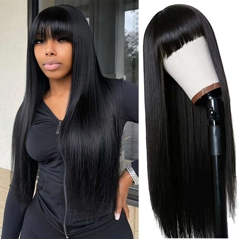 Wig Hairy Straight With Bangs None Lace Front For Women Unprocessed Brazilian Human Hair Hine Made Glueless Wigs 180% Density