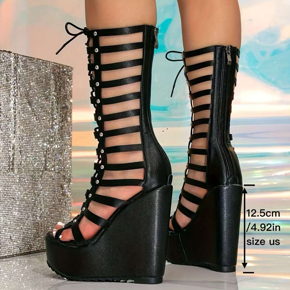 Women's Elegant Open-Toe Mid-Calf Boots With Thick Platform Wedge Heel, Adjustable Roman Straps & Back Zipper Closure - Breathable PU Cover Summe