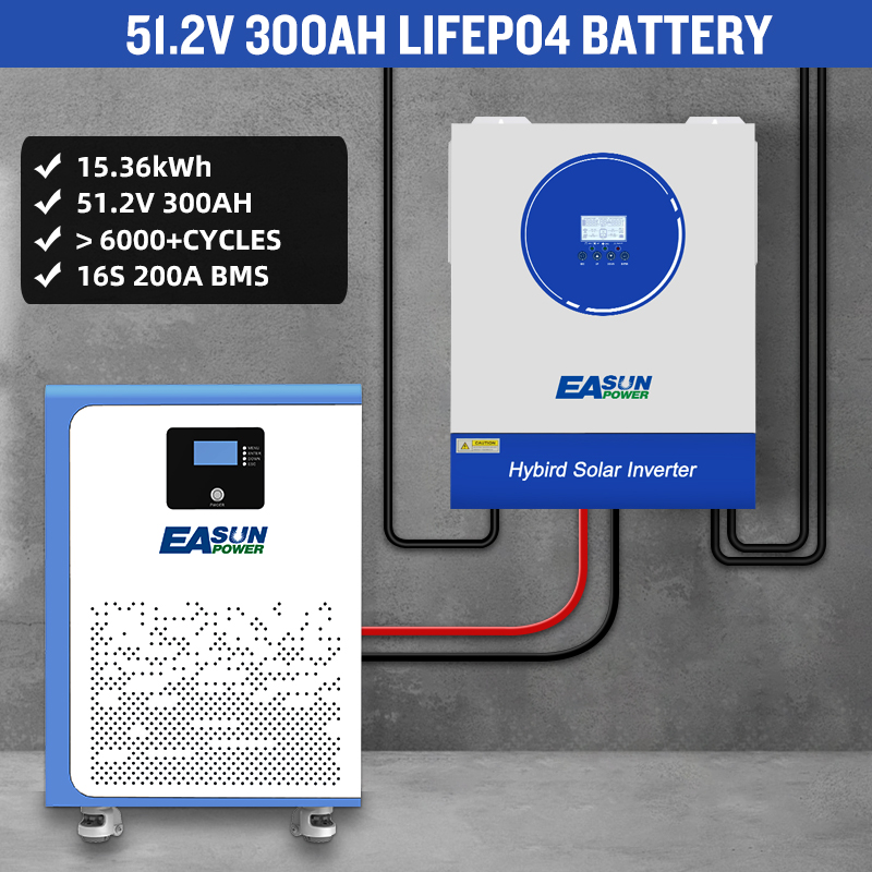 EASUN POWER 48V 300Ah 15Kwh LiFePO4 Battery Bluetooth 16S BMS Wheels 6000+ Cycle 51.2V Lithium Battery Pack for Home Solar System