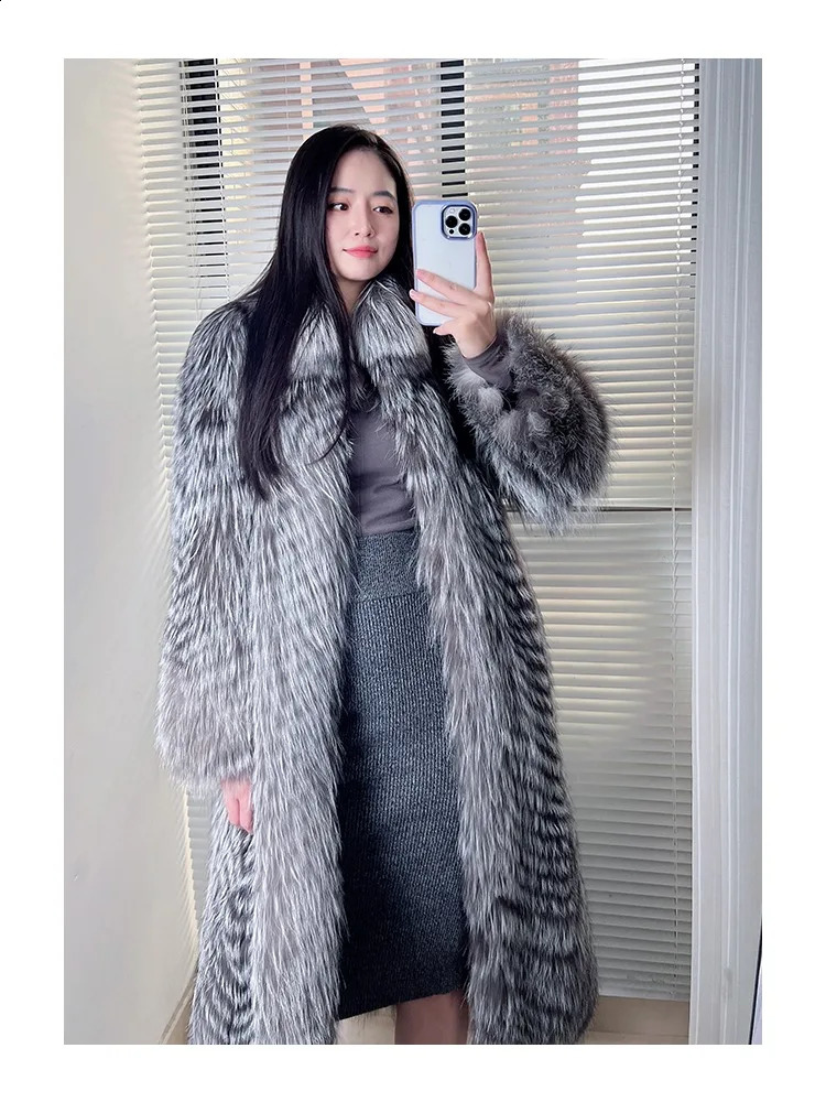 Womens Genuine Sivler Fox Fur Coat Thick Warm Fur Jacket Winter coat 251027