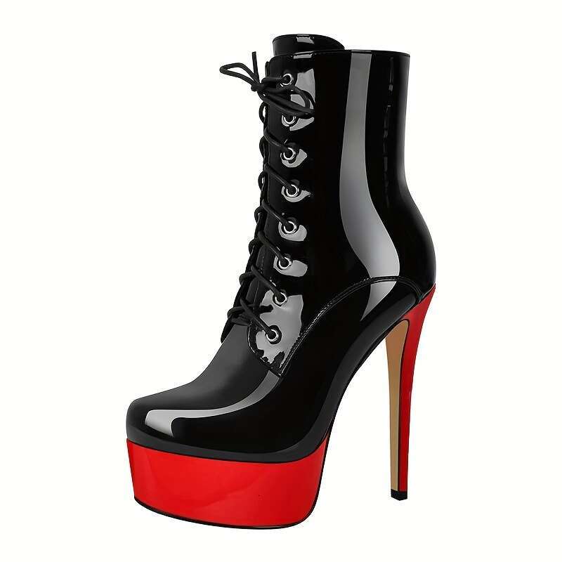 Women's Black Faux Cover High Heel Ankle With Side Zipper, Red Sole Lace-Up Detail - Stylish Platform Short Boots For Parties & Events