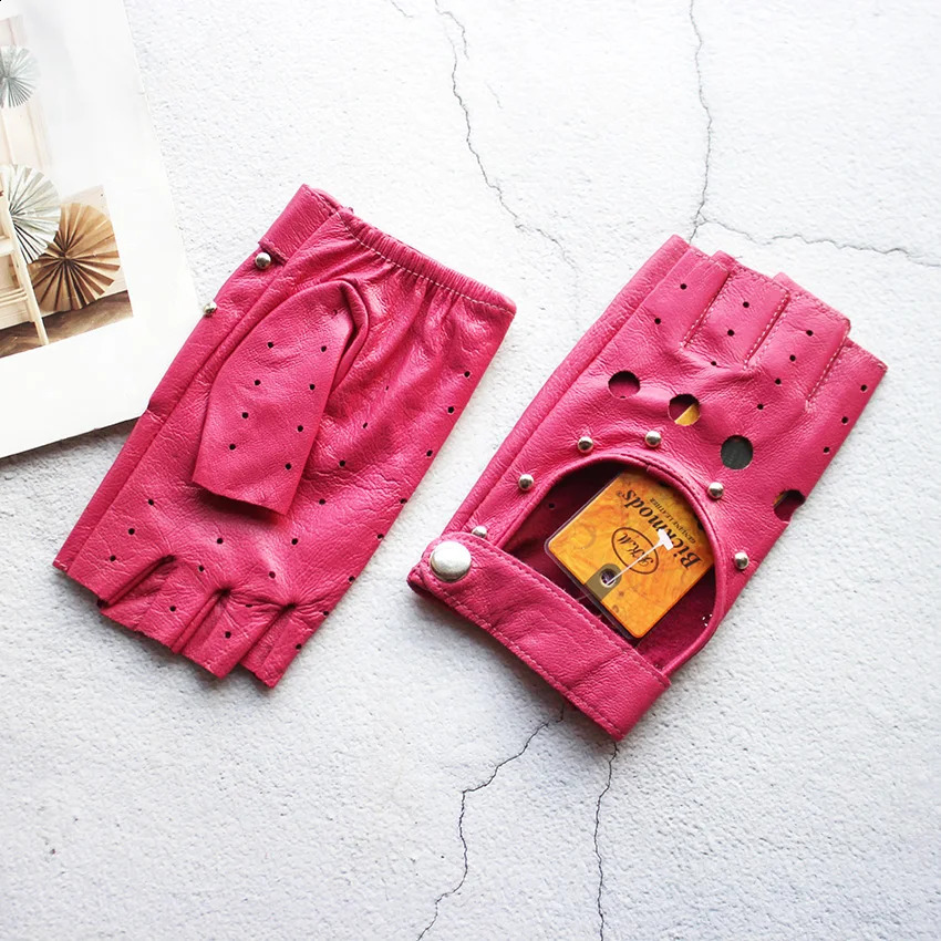 Summer Leather Driving Half Finger Gloves For Womens Fashionable Hollow Out Thin Motorcycle Riding Short Sheepskin Gloves 251027