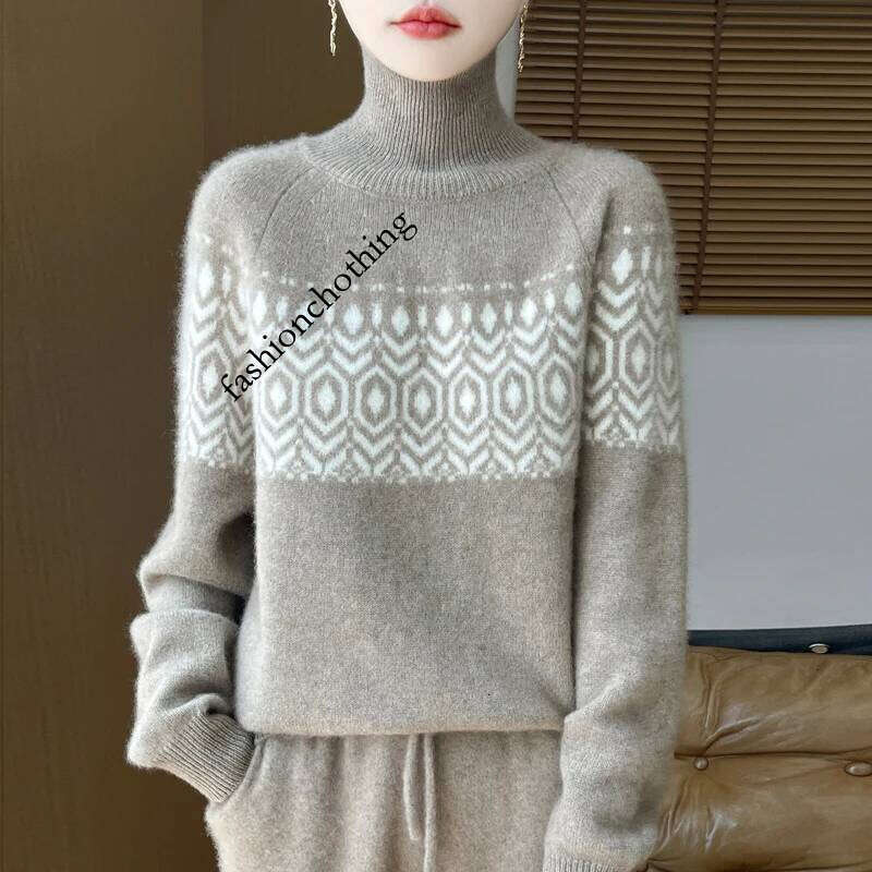 New Autumn/Winter 100% Merino Wool Sweater Casual Loose High Collar Pullover Fashion Korean Jacquard Women's Top