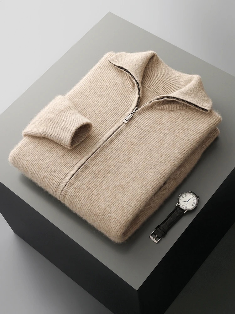 Chic Smart Casual Zipper Cardigan Mens Thick Autumn Winter 100 Merino Wool Knitted Sweater Turn Down Collar Coat Soft Tops 251017