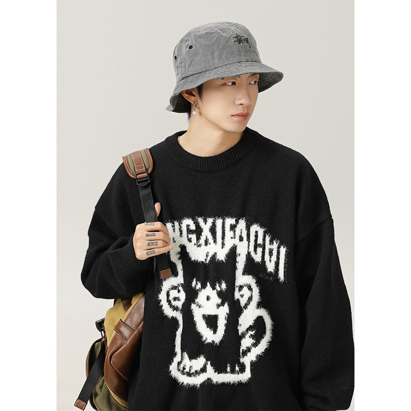 Cartoon Hand-painted Imitation Mink Round Neck Sweater Designer Sweater Men Autumn Winter New Three-dimensional Jacquard Trendy Brand Loose Knitwear C