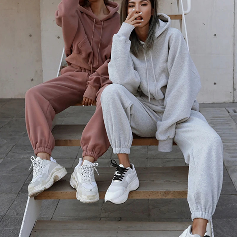 Two Piece Set Casual Fleece Tracksuit Women Winter Womens Sets Oversized Hooded Long Sleeve Hoodie Sport Pants Lady Suit 251027