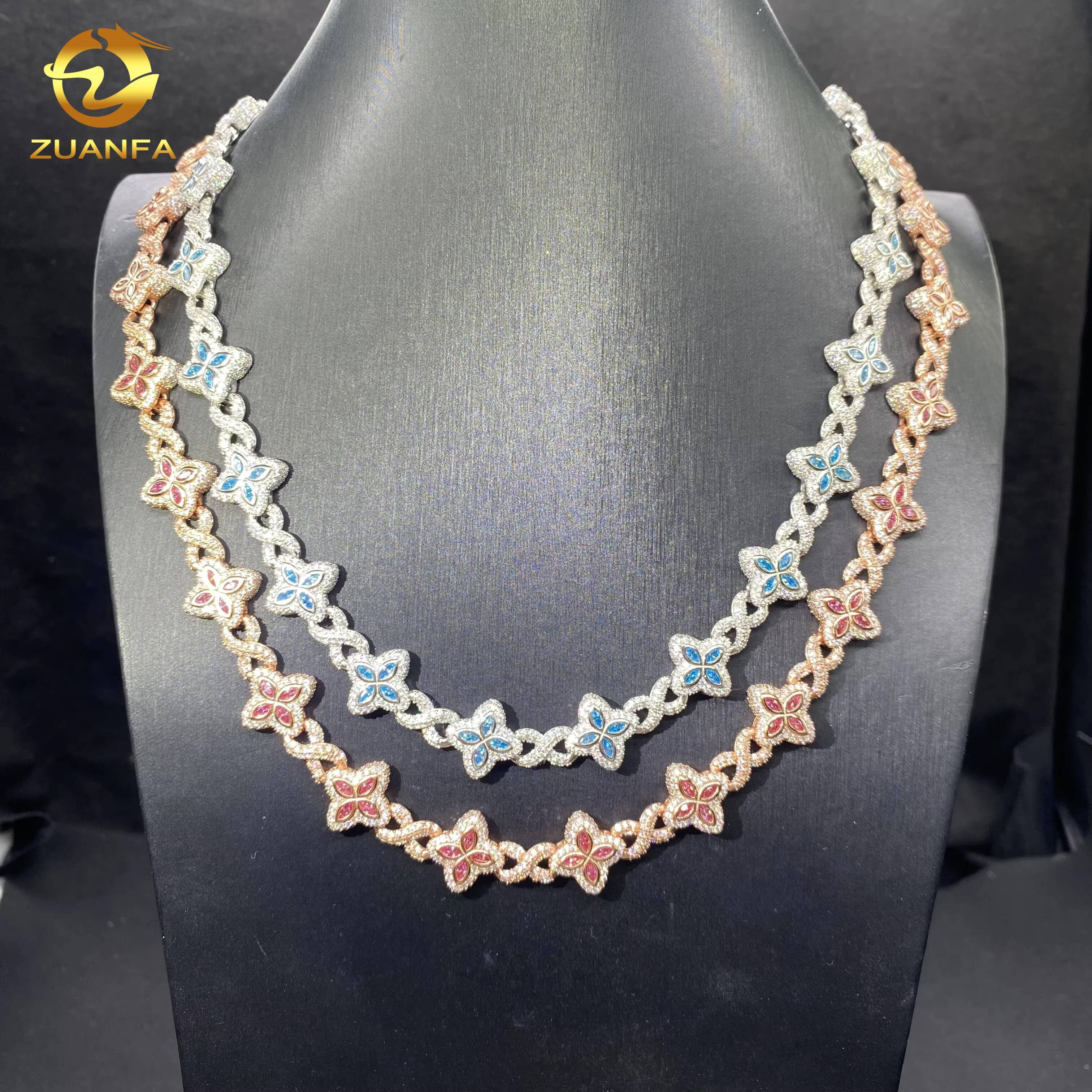 15mm Hot Sale Hip Hop Jewelry Marquise VVS Moissanite 925 Silver Iced Out Clover Bracelet Blue Pink Diamond Cuban Chain Necklace