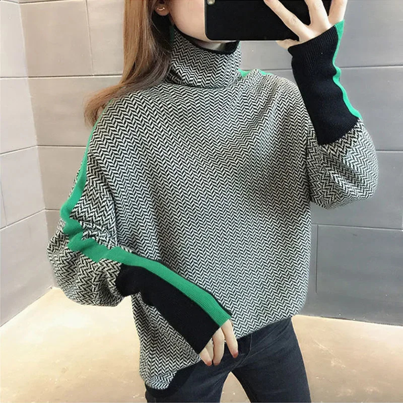 Autumn and winter retro checkerboard letter jacquard high neck soft glutinous pullover knitted sweater for women 251027