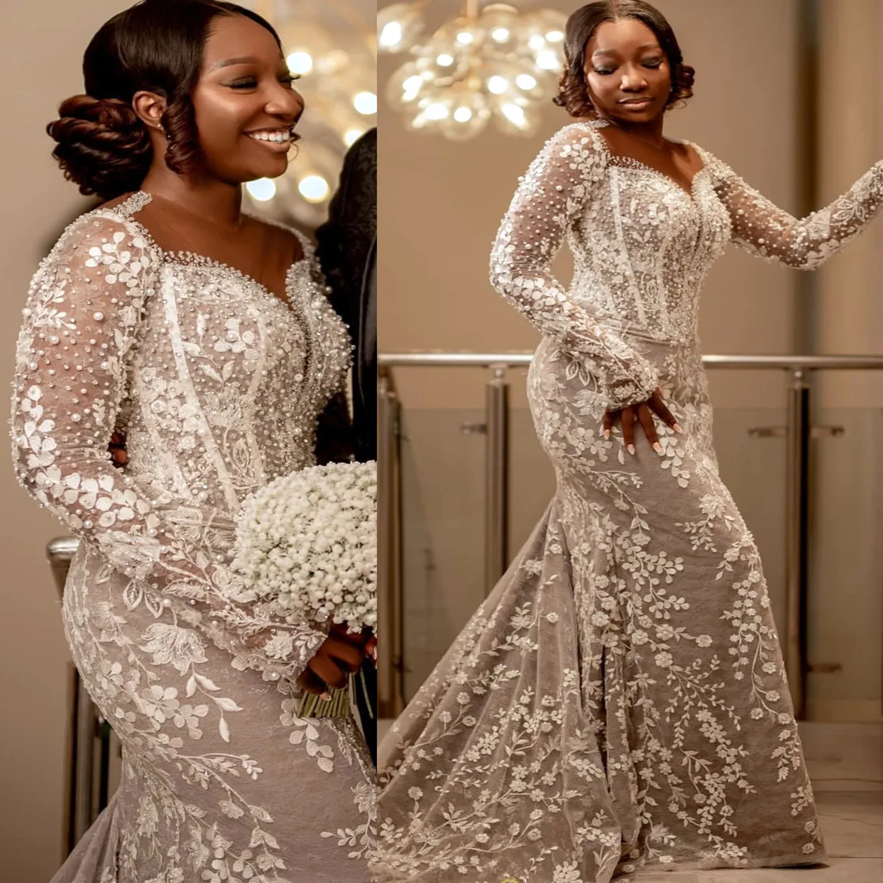 Aso Ebi Illusion Mermaid Wedding Dress in Ivory with Lace Beaded and Sheer Neck