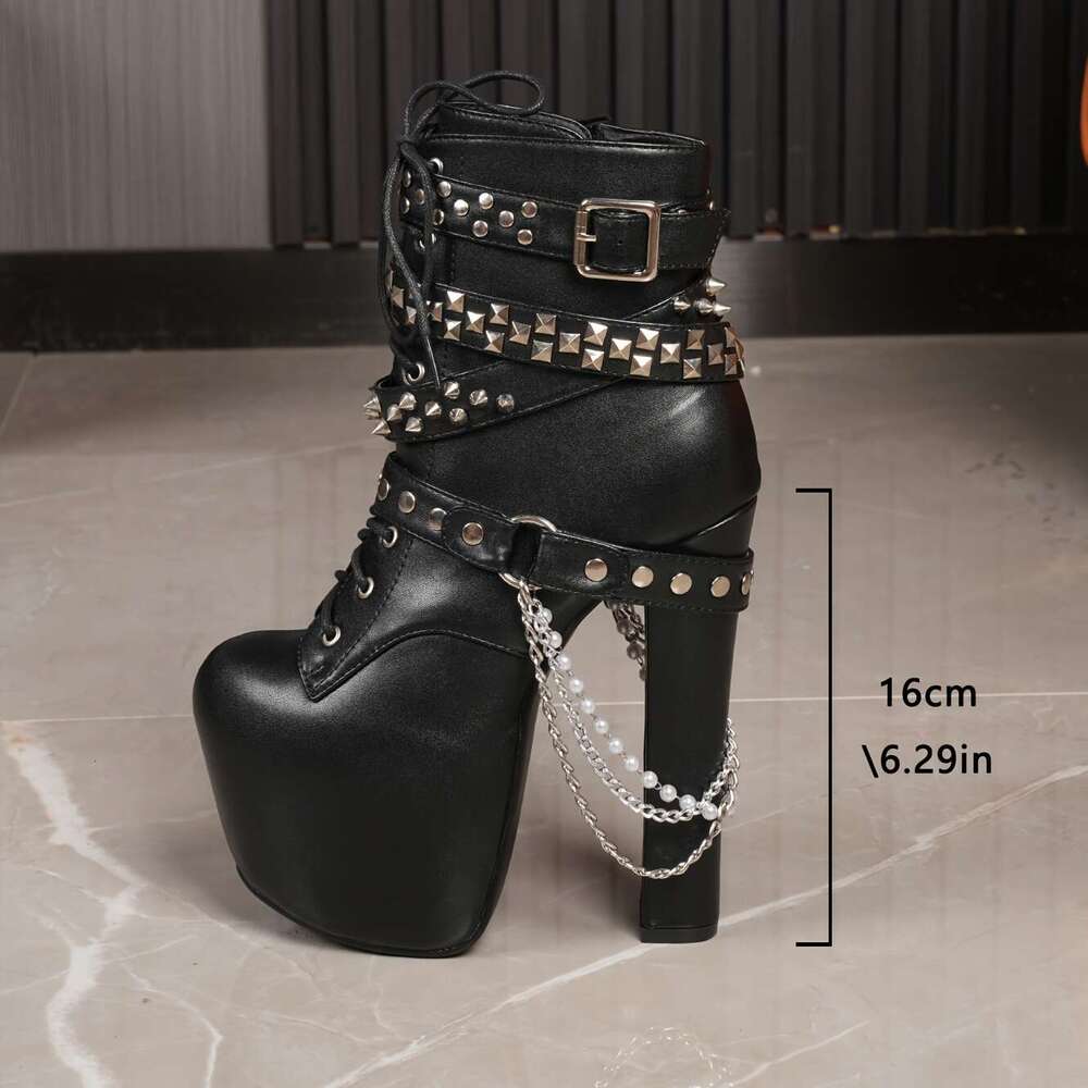 Chunky Ankle 16Cm Thick Platform Heels, Lace-Up Closure, Non-Slip Rubber Sole Gothic Punk Boots For Parties, Everyday & Formal Events Available In EU 