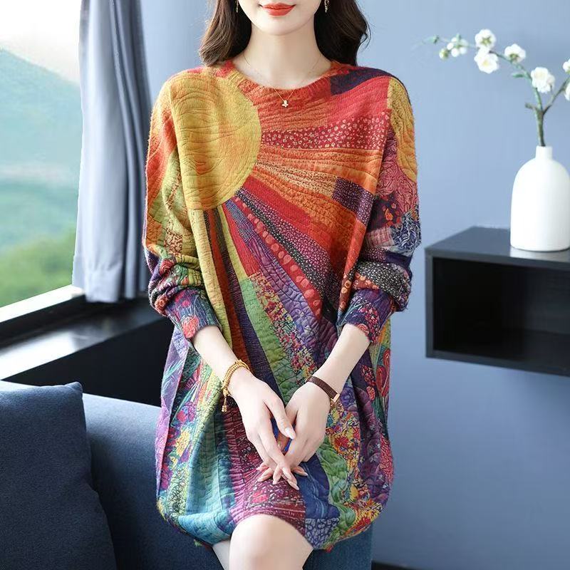 plus size women's new long sleeve high waist printed banquet dress mid-length skirt D02765